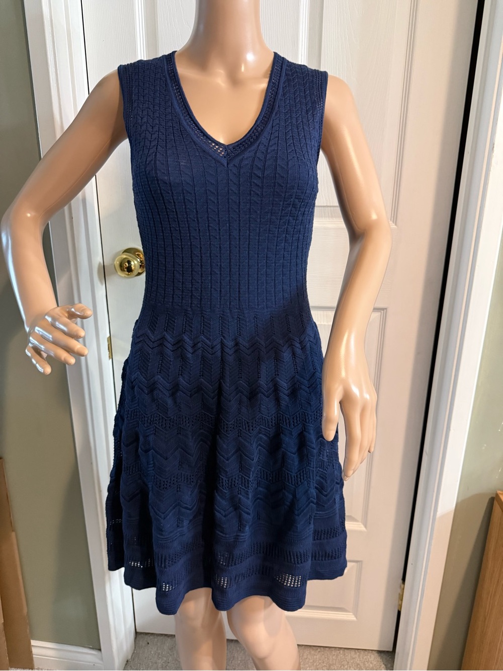 M Missoni Navy Blue Zig Zag Chevron Knit V Neck Sleeveless Dress Size S